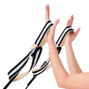 Pilates Double Loop Straps in use, black and white with beige neoprene lining