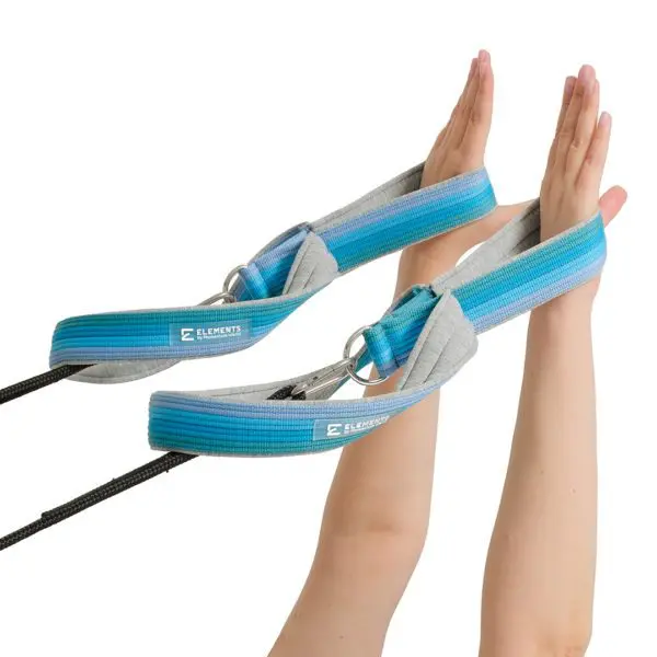 ELEMENTS Pilates Double Loop Straps in use, blue rainbow cotton mix lining