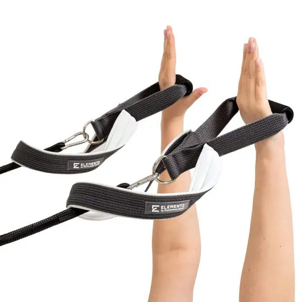 ELEMENTS Pilates Loop and Roll Straps in use, grey with white neoprene lining