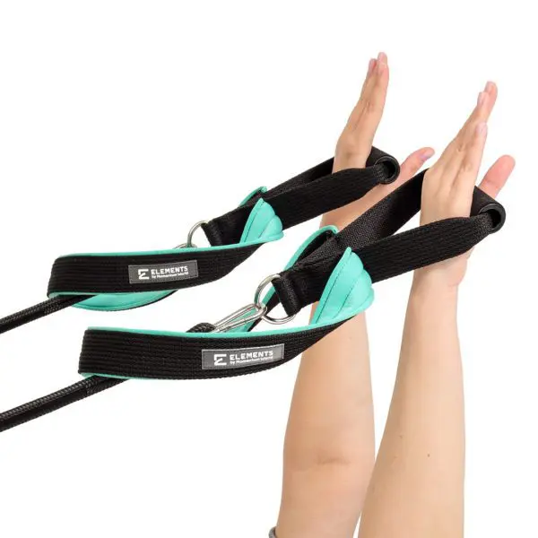 ELEMENTS Pilates Loop and Roll Straps in use, turquoise cotton mix lining