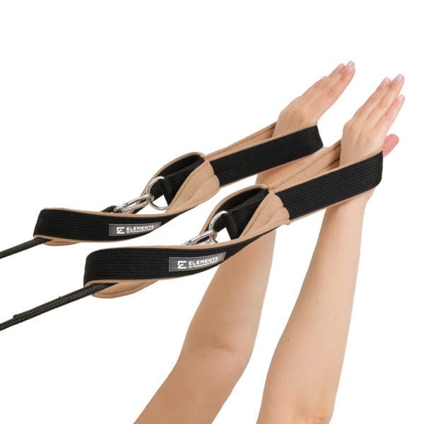 ELEMENTS Pilates Double Loop Straps in use, black and beige cotton mix lining