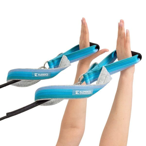 ELEMENTS Pilates Loop and Roll Straps in use, blue rainbow with cotton mix lining