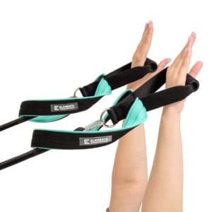 ELEMENTS Pilates Loop and Roll Straps in use, turquoise cotton mix lining