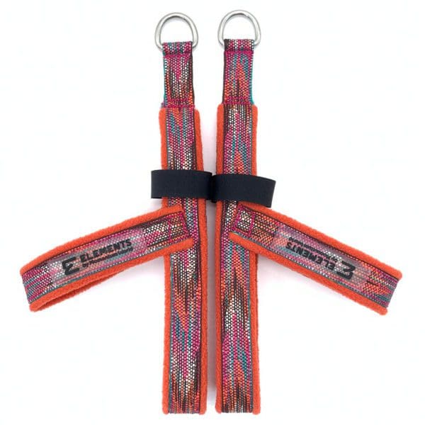 A pair of foot Y straps for Pilates in orange colour